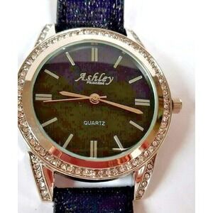 Ashley Princess Womens Quartz Watch Black Glitter Strap Rhinestone Bezel ST10142